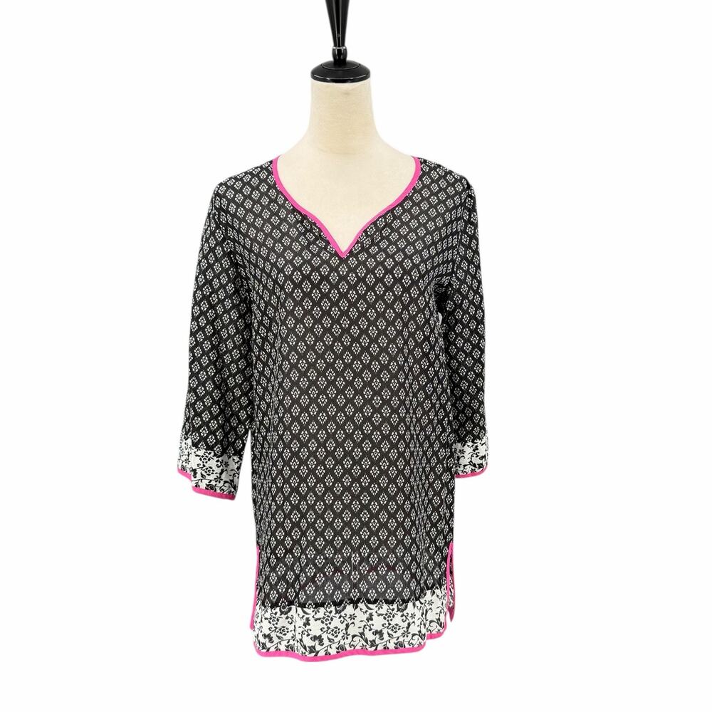 Kut from the Kloth NWT Kwan Black & White Print V-Neck A-line Cotton Tunic